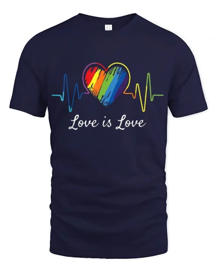 Love Is Love Rainbow Heartbeat Equality Pride T-Shirt - navy t-shirt on white background