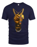 Golden Hand Cross Power Faith Drip Art Graphic Tee - navy t-shirt on white background