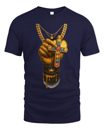 Golden Hand Cross Power Faith Drip Art Graphic Tee - navy t-shirt on white background