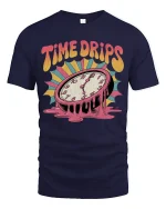 Time Drips Melting Clock Retro Psychedelic T-Shirt - navy t-shirt on white background