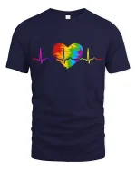 Rainbow Heartbeat Pride Graphic Love Support T-Shirt - navy t-shirt on white background