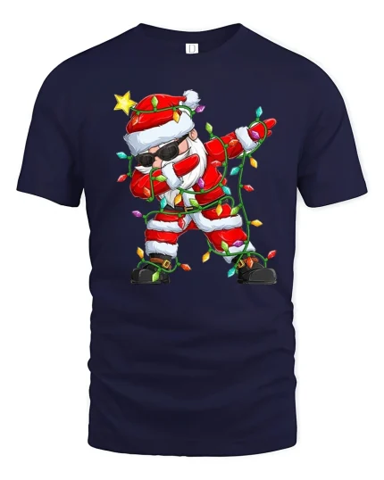 Funny Dabbing Santa Wrapped in Christmas Lights Tee - navy t-shirt on white background