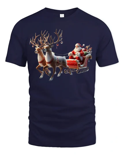 Santa Sleigh Flying Reindeer Classic Christmas T-Shirt - navy t-shirt on white background