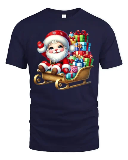 Cute Baby Santa Sleigh Gifts Christmas Holiday T-Shirt - navy t-shirt on white background