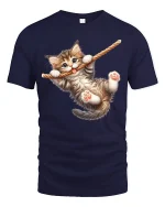 Cute Hanging Kitten Rope Playful Fun Graphic T-Shirt - navy t-shirt on white background