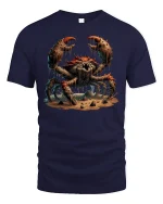 Ferocious Monster Crab Graphic Battle Scene T-Shirt - navy t-shirt on white background