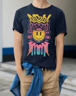 Psychedelic Smiley Brain Burst Trippy Art T-Shirt - model wearing navy tee with hands in pockets