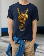 Golden Hand Cross Power Faith Drip Art Graphic Tee - model wearing navy tee with hands in pockets