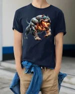Inferno Cyber Beast Dog Fiery Monster Art T-Shirt - model wearing navy tee with hands in pockets