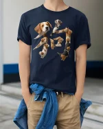 Cute Puppy Character Art Funny Dog Shape Graphic Tee - model wearing navy tee with hands in pockets