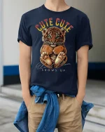 Cute Tiger Cub Mom Warning Graphic T-Shirt Tee - model wearing navy tee with hands in pockets