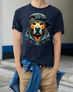Hip Hop Dog Braids Cool Urban Style Graphic T-Shirt - model wearing navy tee with hands in pockets