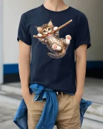 Cute Hanging Kitten Rope Playful Fun Graphic T-Shirt - model wearing navy tee with hands in pockets
