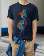 Vibrant Koi Fish Art Graphic Spirit Flow T-Shirt - model wearing navy tee with hands in pockets