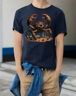 Ferocious Monster Crab Graphic Battle Scene T-Shirt - model wearing navy tee with hands in pockets