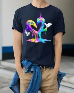 Dripping Color Heart Cartoon Style Vibrant Art T-Shirt - model wearing navy tee with hands in pockets