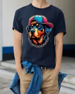 Hip Hop Dog Neon Style Cool Graphic Streetwear Tee - model wearing navy tee with hands in pockets