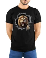 3D Roaring Lion Breakthrough Wild Graphic T-Shirt - black t-shirt in nature background wearing by model