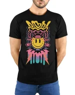 Psychedelic Smiley Brain Burst Trippy Art T-Shirt - model wearing black tee with hands behind back