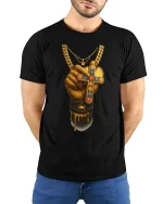 Golden Hand Cross Power Faith Drip Art Graphic Tee - model wearing black tee with hands behind back