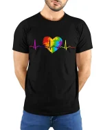 Rainbow Heartbeat Pride Graphic Love Support T-Shirt - model wearing black tee with hands behind back