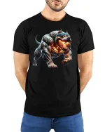 Inferno Cyber Beast Dog Fiery Monster Art T-Shirt - model wearing black tee with hands behind back