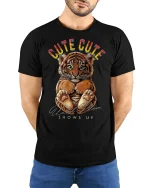 Cute Tiger Cub Mom Warning Graphic T-Shirt Tee - model wearing black tee with hands behind back