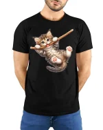 Cute Hanging Kitten Rope Playful Fun Graphic T-Shirt - model wearing black tee with hands behind back