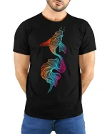 Vibrant Koi Fish Art Graphic Spirit Flow T-Shirt - model wearing black tee with hands behind back