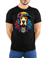 Hip Hop Colorful Dog Art Graphic Cool Style T-Shirt - model wearing black tee with hands behind back