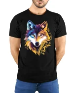 Colorful Wolf Spirit Art Graphic Wild Style T-Shirt - model wearing black tee with hands behind back
