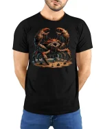 Ferocious Monster Crab Graphic Battle Scene T-Shirt - model wearing black tee with hands behind back