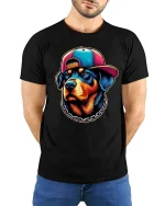 Hip Hop Dog Neon Style Cool Graphic Streetwear Tee - model wearing black tee with hands behind back