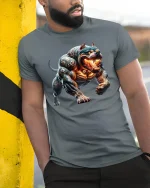Inferno Cyber Beast Dog Fiery Monster Art T-Shirt - model wearing grey tee, leaning on column