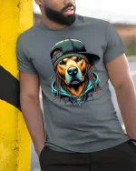 Hip Hop Dog Braids Cool Urban Style Graphic T-Shirt - model wearing grey tee, leaning on column