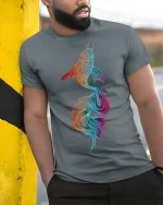 Vibrant Koi Fish Art Graphic Spirit Flow T-Shirt - model wearing grey tee, leaning on column