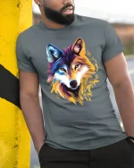 Colorful Wolf Spirit Art Graphic Wild Style T-Shirt - model wearing grey tee, leaning on column
