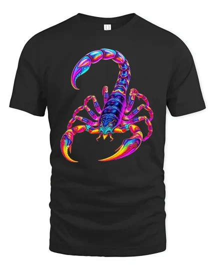Psychedelic Neon Scorpion Art Tee for Bold Streetwear Style Lovers - black t-shirt on white background