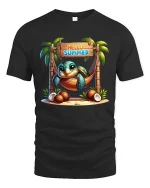 Hello Summer Tropical Turtle Hammock Relaxation Graphic Tee - black t-shirt on white background