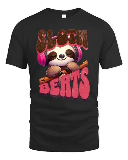 Chill Vibes Sloth Beats Music Lover Relaxed Retro Style Tee - black t-shirt on white background