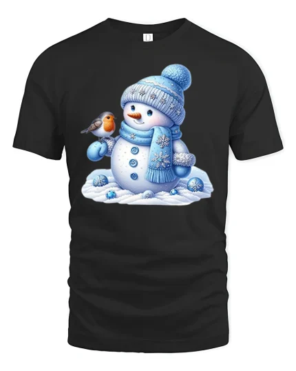 Charming Winter Snowman and Robin Friends Holiday Tee Art Print - black t-shirt on white background