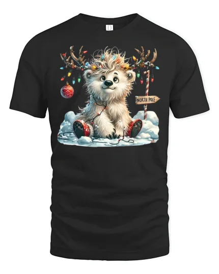 Cute North Pole Holiday Creature Lights Tee for Christmas Lovers - black t-shirt on white background