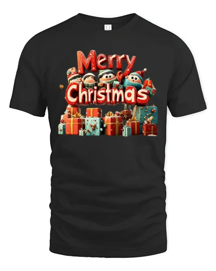 Festive Merry Christmas Gifts and Elves Celebration Holiday Tee - black t-shirt on white background