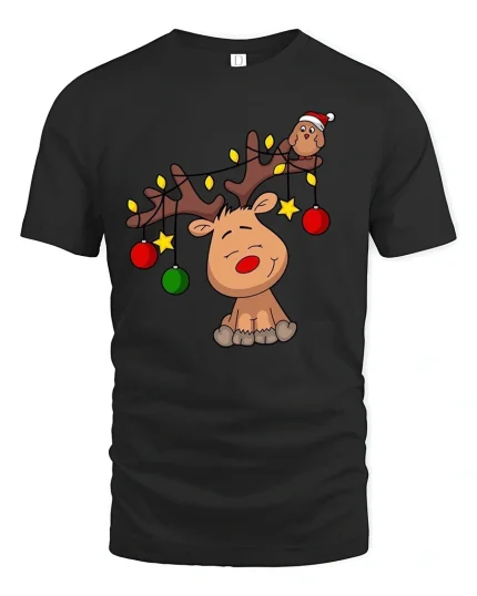 Funny Christmas Reindeer T-Shirt with Cute Holiday Lights Design - black t-shirt on white background