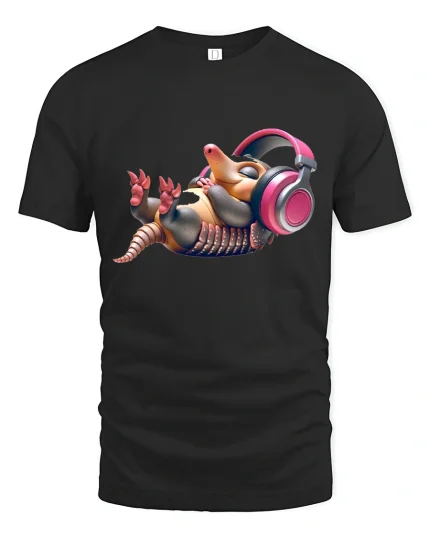 Cute Relaxing Armadillo Listening to Music Funny Chill Tee - black t-shirt on white background