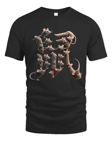 Cute Mouse Kanji Character Tee Formed by Playful Mice Art - black t-shirt on white background