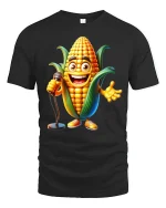 Funny Singing Corn Character Tee with Microphone Comedy Style - black t-shirt on white background