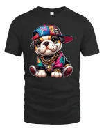 Hip Hop Puppy Swag Tee with Colorful Streetwear Graphic Art - black t-shirt on white background