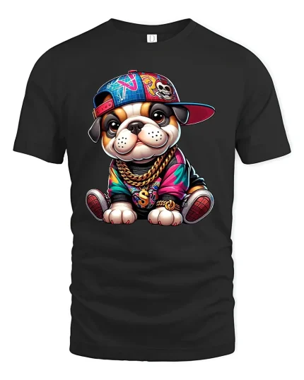 Hip Hop Puppy Swag Tee with Colorful Streetwear Graphic Art - black t-shirt on white background