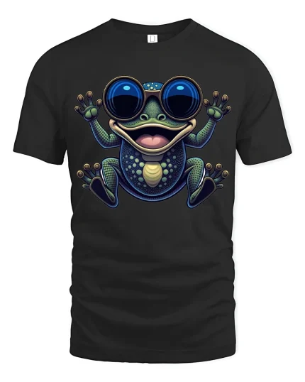 Funny Retro Frog Tee with Big Sunglasses Cute Amphibian Vibes - black t-shirt on white background